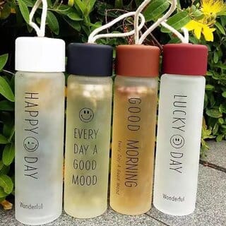 (Pack of 1) 350 ml Smiley Glass Water Bottle with Cup Lid  Leak Proof (Assorted Color)