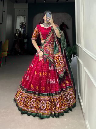 Tussar Silk Patola Print Navratri Special Chaniya Choli-Free Size / Red