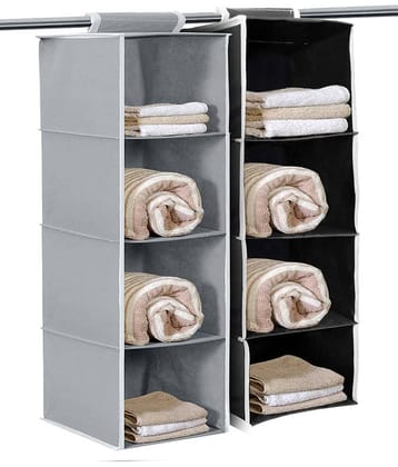 4 Shelf Closet Hanging Organizer,Wardrobe Organizer Clothes Storage Hanger for Family Closet Bedroom, Foldable and Universal Fit (Greu / Black) Packm Of 2