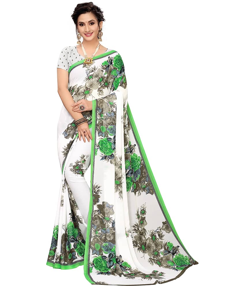 Saadhvi Georgette Printed Saree With Unstitched Blouse Piece ( Green )