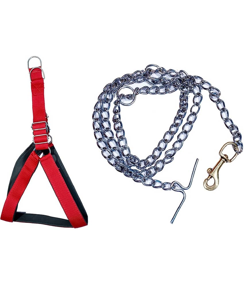 Tame Love Combo Chain and Adjustable Dog Chest Belt Harness for Adult breeds (Red color - 1.25 Inch)