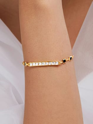Copper princess Cut Cubic Zirconia Gold Black Link Chain ID Bracelet Women-GOLD