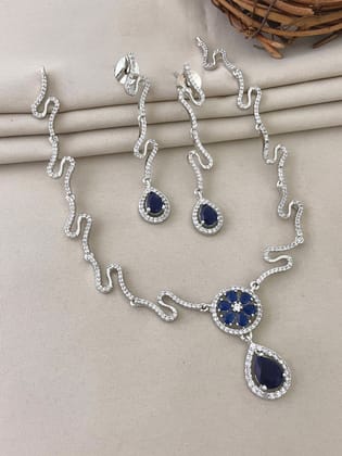 Premium Silver Plated AD Stones Set with Earrings - Blue