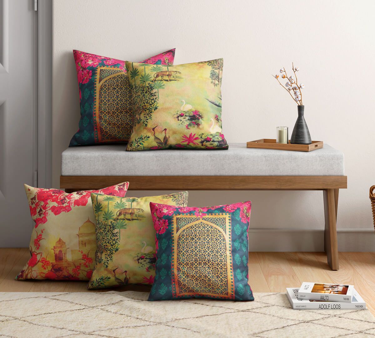 India Circus Royal Court - Blended Velvet Cushion Cover Set Of 5 - 16 X 16 Inch