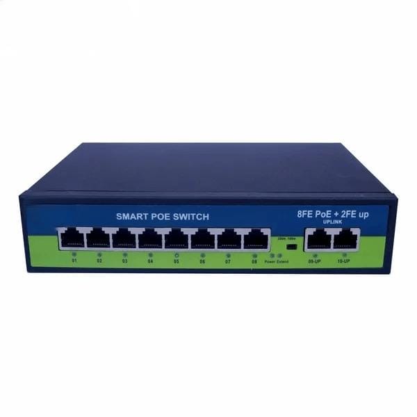 Poe Ai (8Fe+2Ge) Over Ethernet Switch 2 Port Uplink Giga, 802.3Af/At Poe+100Mbps, 120W Built-In Power, Extend To 250Meter, Unmanaged Metal Plug And Play