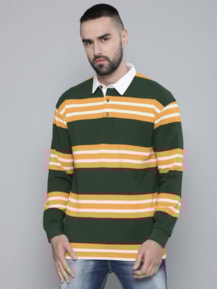 Auto Stripes Green Yellow Full Sleeve Polo T-Shirt-S / Green