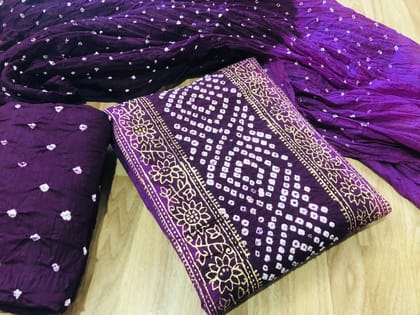 Cotton Hand Blocked with Bandhani Dress Material-Purple