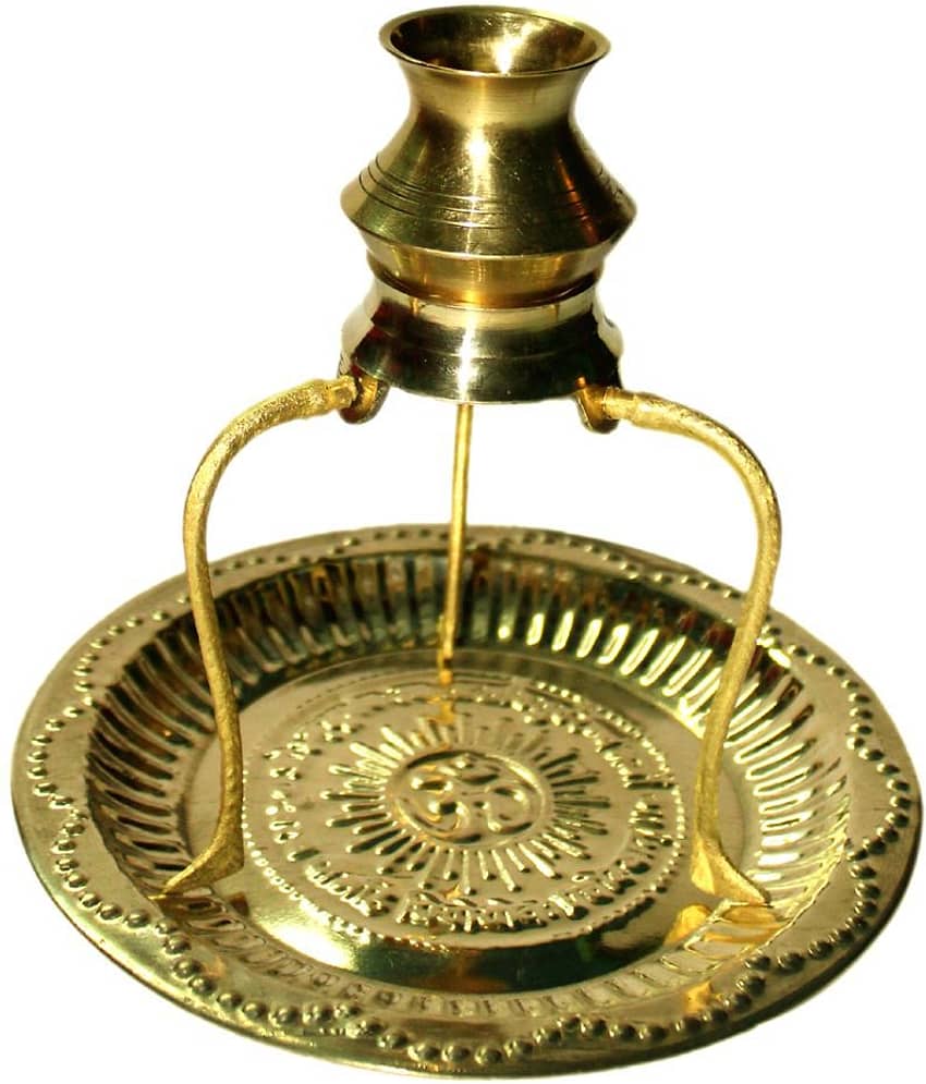 Brass Pooja Plate Thali with Shivling Stand and Abhishek Lota Kalash Brass (1 Pieces, Gold)