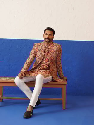 Multi color Short Jacket with printed Kurta indo set-M/40 / Indo Pajama Set