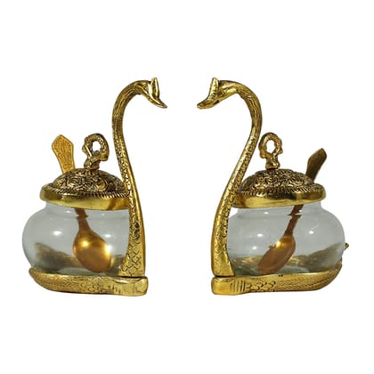 Dreamkraft White Metal Kissing Swan (Duck) Glass Bowl with Spoon Dry Fruit Saunf Supari Tray Mukhwas Traditional Serving Bowl Set. (Gold - 12 x 9 x 15 cm)