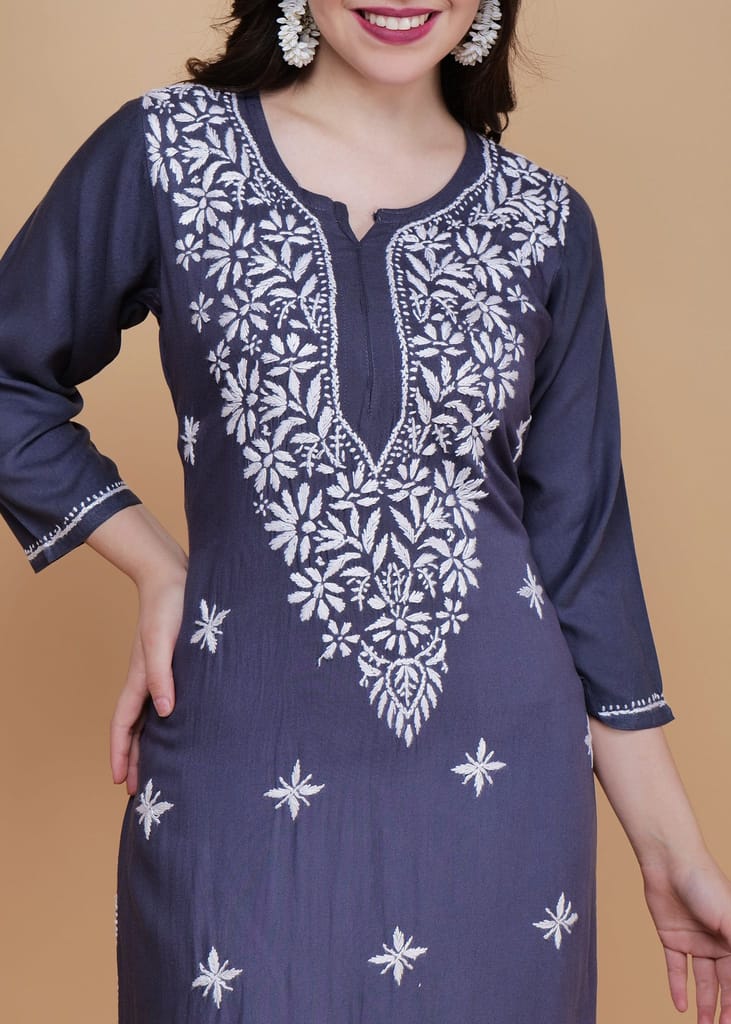 Chikankari Hand-Embroidered Rayon Straight Kurta Grey