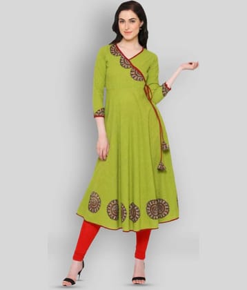 Yash Gallery Pack of 1 Cotton Blend Printed Angrakha Women's Kurti - ( Green )