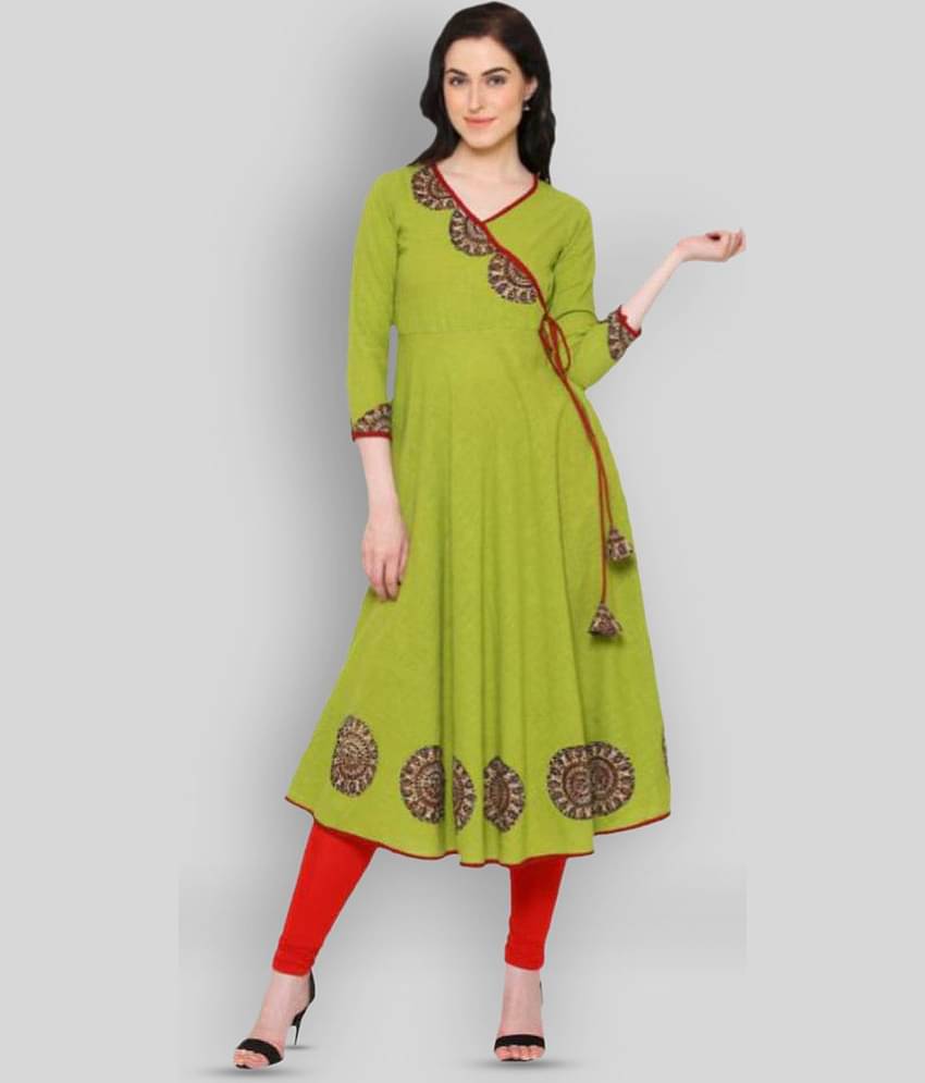 Yash Gallery Pack of 1 Cotton Blend Printed Angrakha Women's Kurti - ( Green )