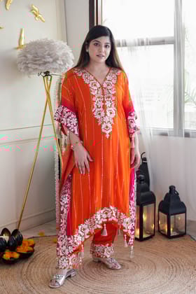 Nazma Orange Gota Detailing Kaftan Set-One size