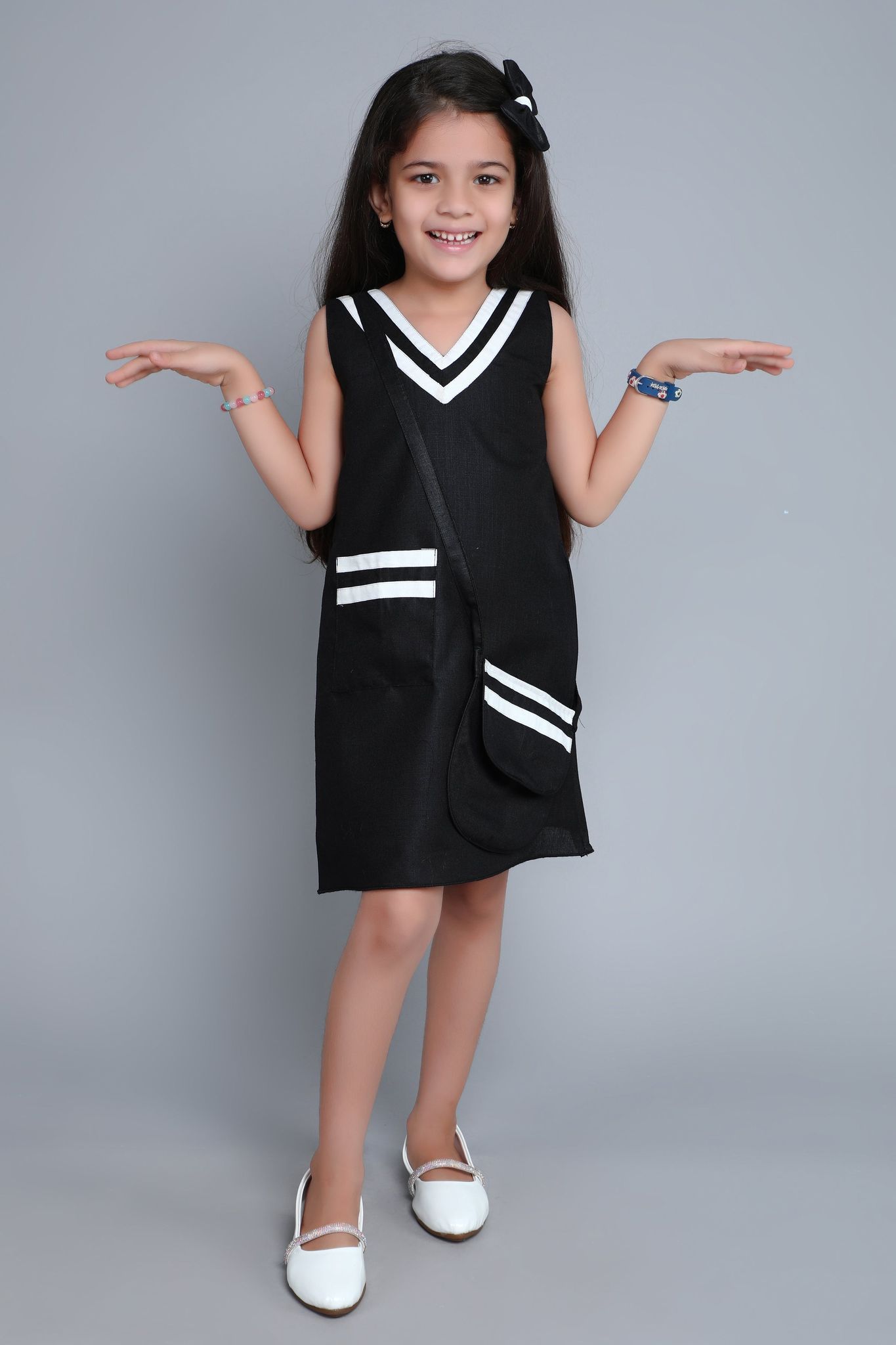 Piping Aline Dress with Sling and Matching Bow Clip -Black-1-2Y / Black