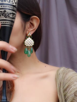 Ashvika Kundan Green Drop Earrings-Green