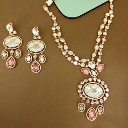 Mother of pearl (MOP), Polki with Rose quartz layered necklace set