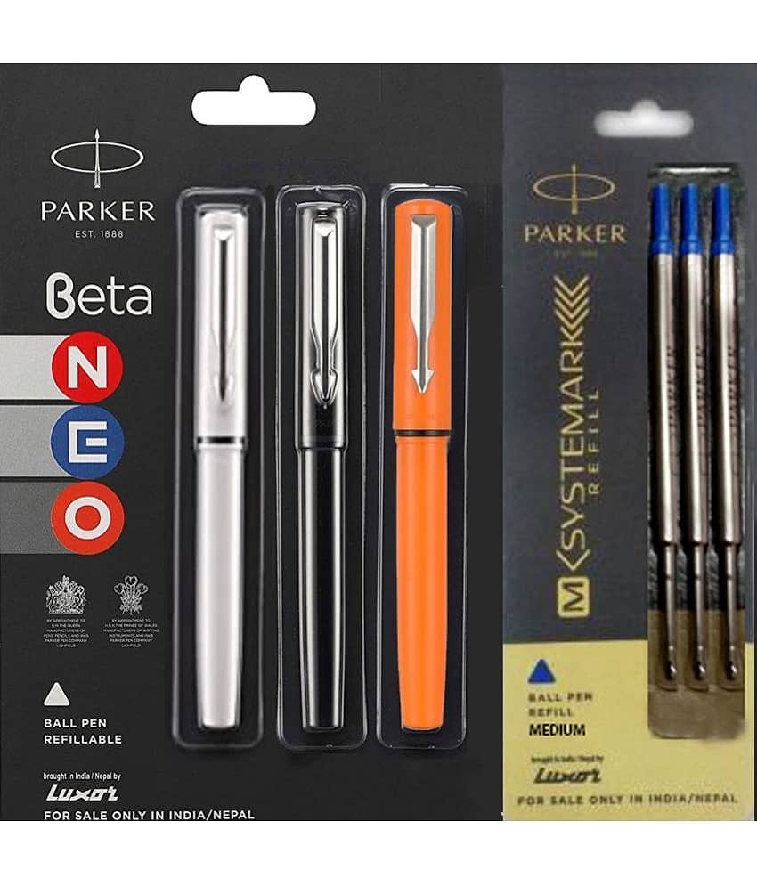 Parker Beta Neo Ball Pen Orange, White & Black With 3 Systemark Refill Blue