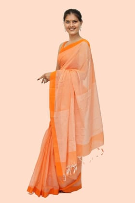 Trendy Cotton Checkerd handloom Saree with Tassels – Orange