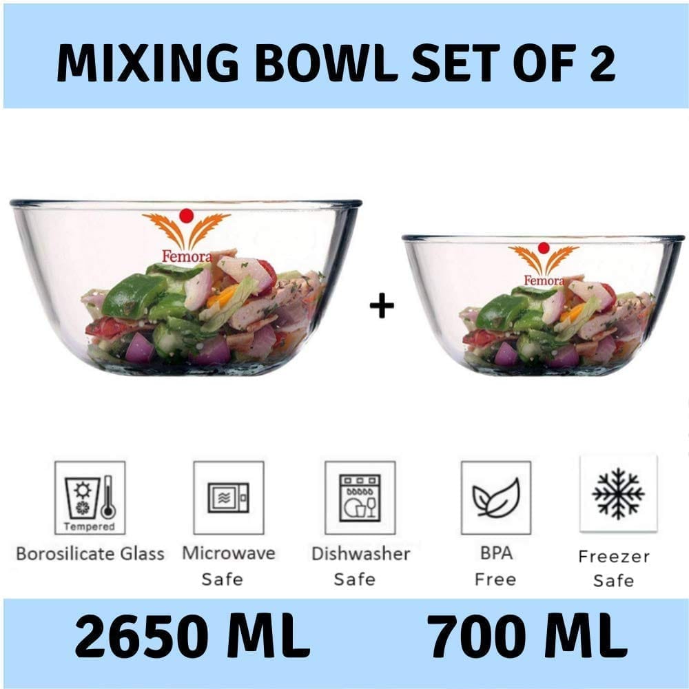 Femora Borosilicate Glass Microwave Safe All-Purpose Mixing Bowl,700 ML, 2650 Ml, Set of 2