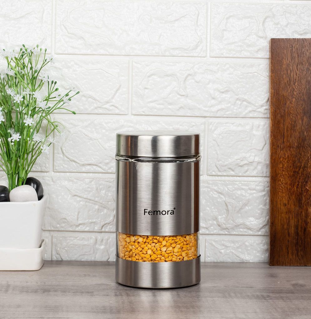 Femora Metallic Clear Glass Kitchen Storage Jars, 1000 ml, Set of 2, Free Replacement of Lids