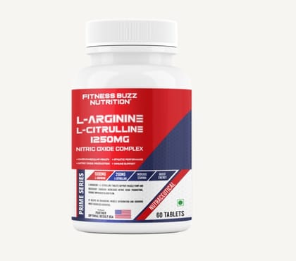 Fitness Buzz Nutrition Prime Series L-Arginine 1000mg + L-Citrulline 250mg, 1250mg Nitric Oxide Complex for Cardiovascular Health, Athletic Performance, Immunity, Energy & Stamina Boost, Nutraceutical, 60 Veg Tablets
