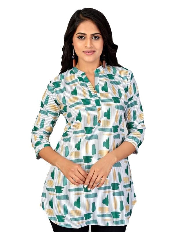 Women's Poly Crepe Mandarin Collar 3/4 Sleeves Short Top (Green, S)-PID56268