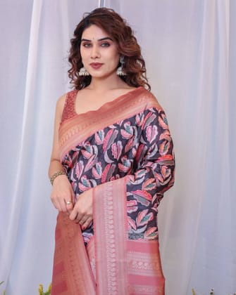 Elegant Black and Peach Banarasi Silk Saree with Leaf Motif and Tassels-Regular