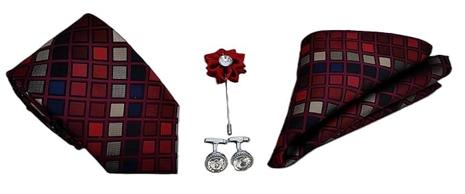 VOICI France Men's checkered design necktie pocket square and cufflink combo gift set red orange Grey multicolor color free size