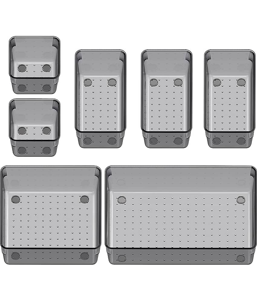 Grey_ 7 Pcs Desk Drawer Organizers Trays Set Clear Plastic Storage Bins Bathroom Drawer Tray Dividers Vanity Trays Organizer for Bedroom Dresser Makeup Kitchen Utensil Office