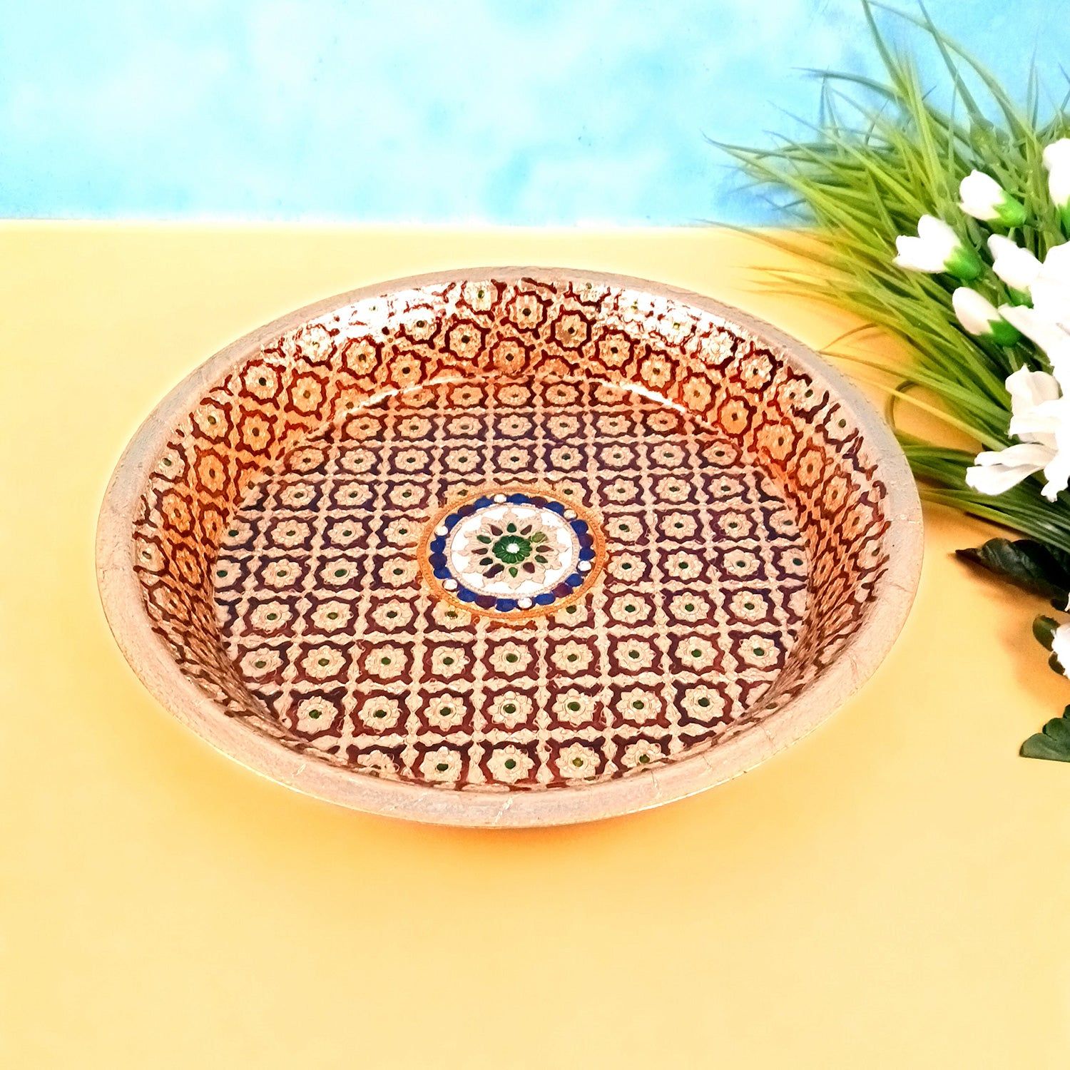 Puja Thali | Aarti Plate with Meenakari Work - for Pooja, Weddings, Temple, Rakhi, Karwachauth & Festival Decor - 14 Inch-Design 1