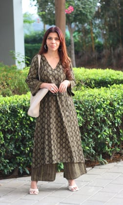 Cotton Dark Brown Ajrakh Print A line Kurta & Palazzo-XXS