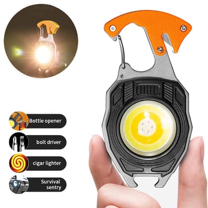 Keychain LED Flashlight – Rechargeable Torch with 7 Light Modes, Built-In Lighter, Whistle, Screwdriver, Bottle Opener, Magnetic Base – 800 Lumens Portable Emergency COB Light for Camping & Outdoor Use