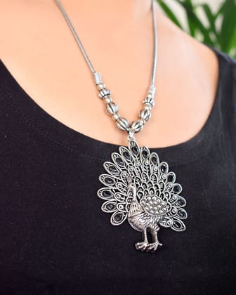 German Silver Neo Ethnic Peacock Pendant Necklace