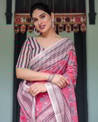 Pink and Beige Floral Printed Pure Cotton Linen Saree with Striped Blouse and Tassels on Edges-Regular