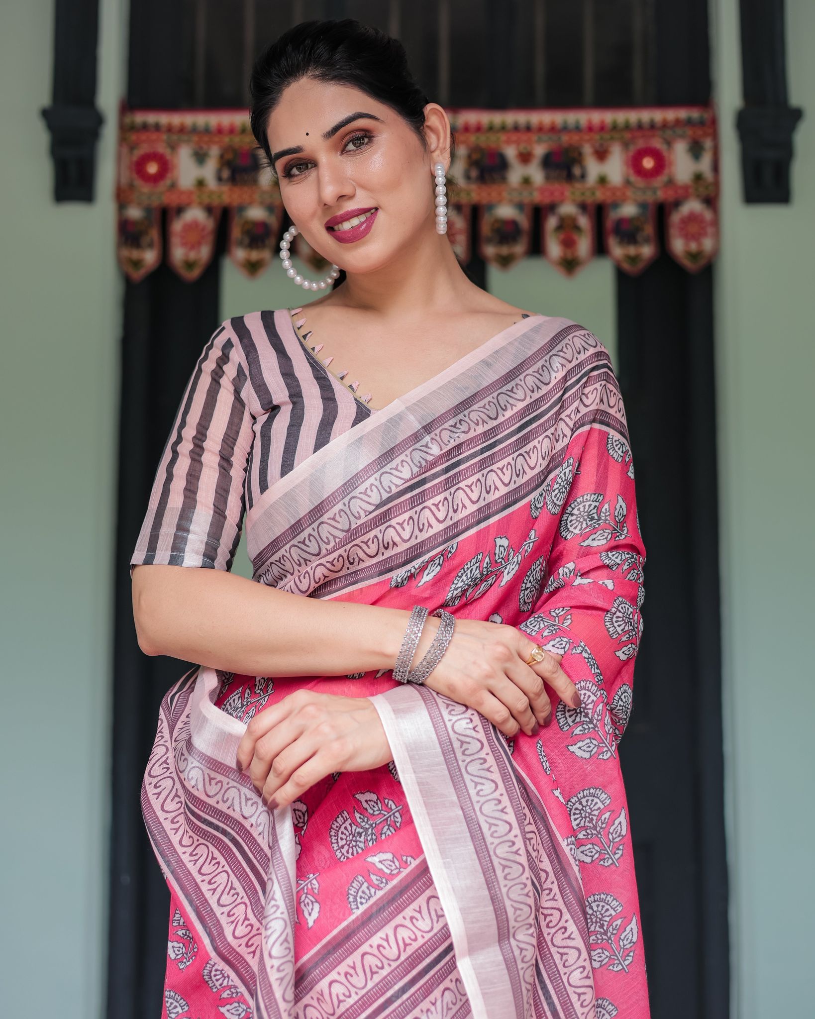 Pink and Beige Floral Printed Pure Cotton Linen Saree with Striped Blouse and Tassels on Edges-Regular