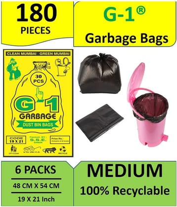 G 1® 100% Recyclable Garbage Bags And Covers - 180 Pieces - Medium Size, 19X21 Inch - Black Color