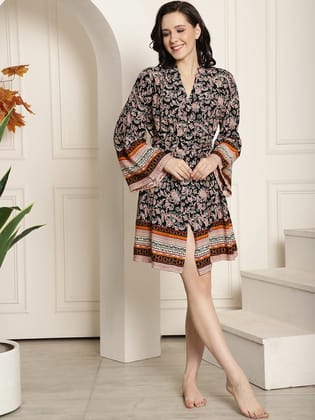 Black Floral Printed Viscose Rayon Robe For Women-s