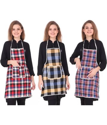 Crosmo Cotton Checks Kitchen Apron with 1 Center Pocket ( Pack of 3 )