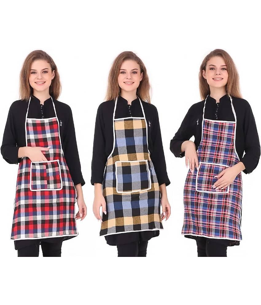 Crosmo Cotton Checks Kitchen Apron with 1 Center Pocket ( Pack of 3 )