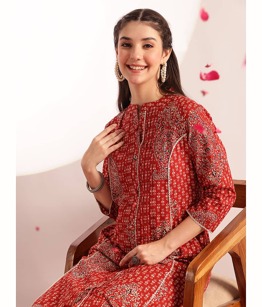 Vbuyz Women Cotton Printed Flared Kurti With Pants ( Maroon )