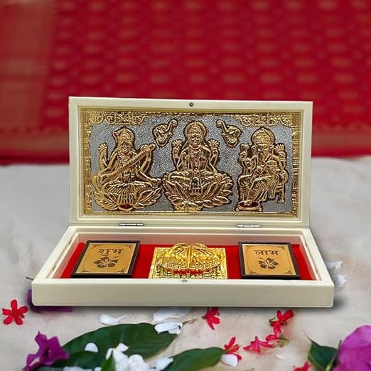 Gold Plated Laxmi Ganpati Saraswati Mantra Peti with Charan Paduka for Pooja | Diwali, Housewarming, and Corporate Gifting | Fragrant Box
