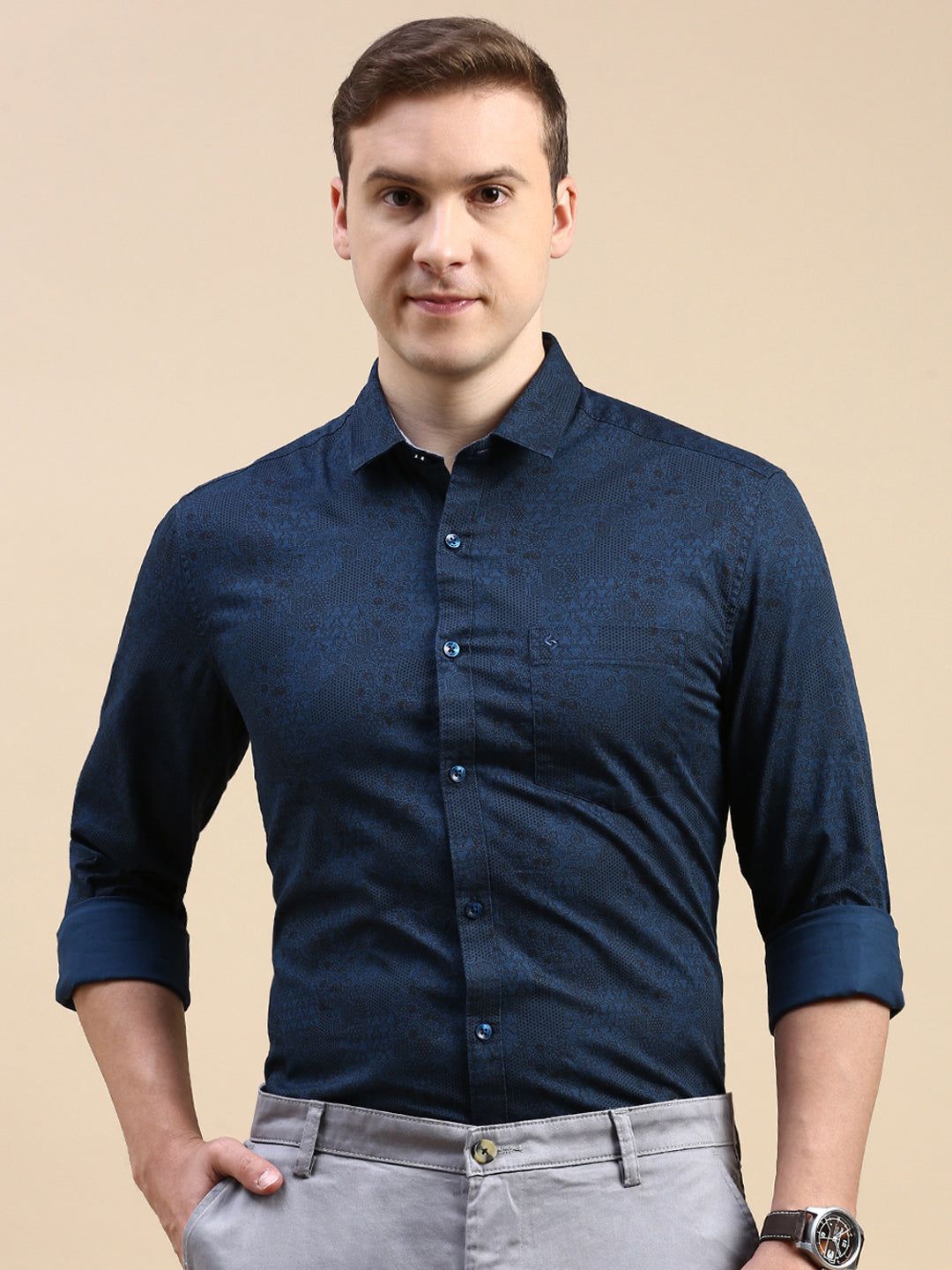 Classic Polo Men's Polo Neck Cotton Blue Slim Fit Printed Shirt | SP1-40 B-FS-PRT-SF
