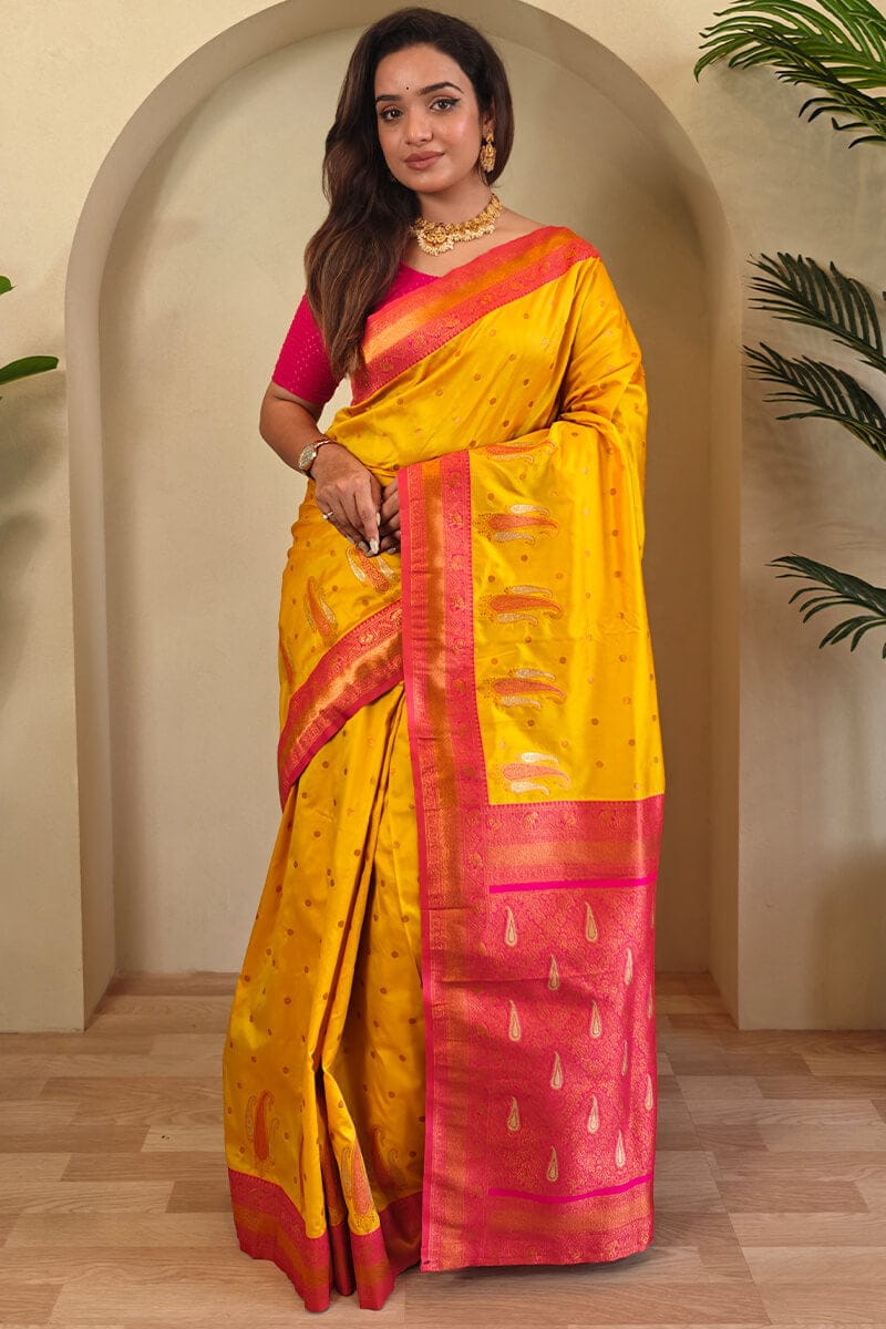 Lightning Yellow Zari Woven Banarasi Soft Silk Saree