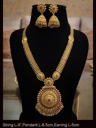 Flower design pendant with ruby stones in broad leaf design chain long set