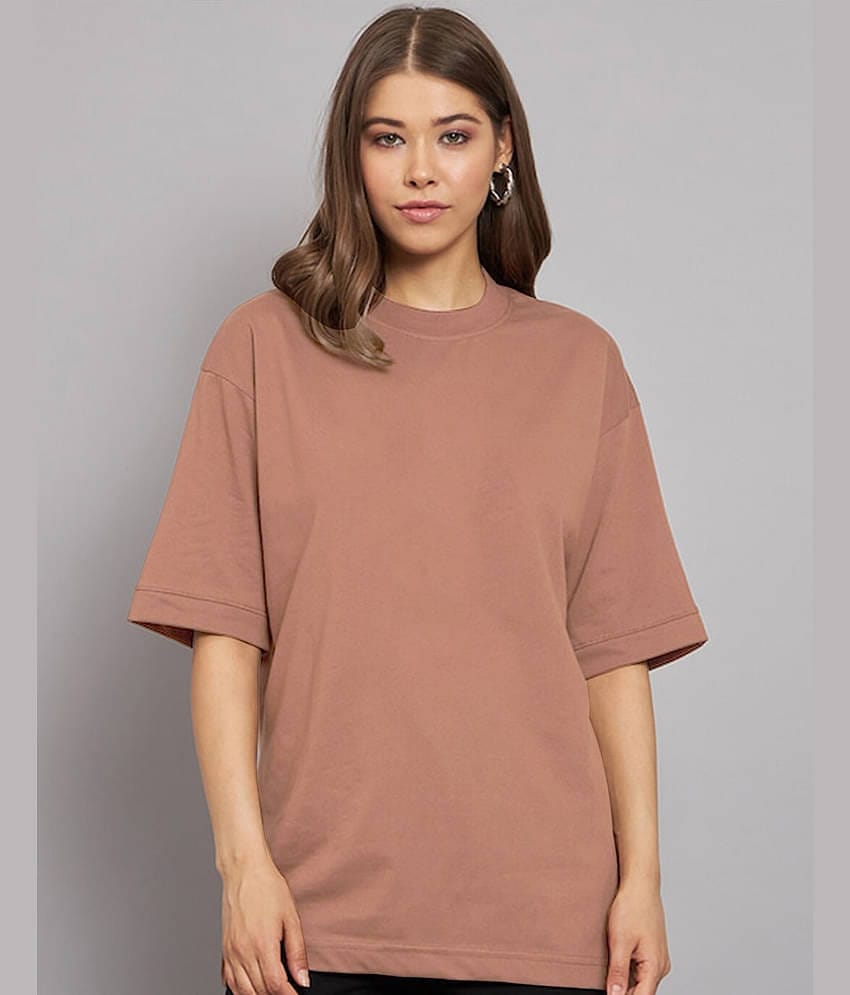 JUNEBERRY Women Cotton Printed Oversized Fit Round Neck T-Shirt ( Brown )