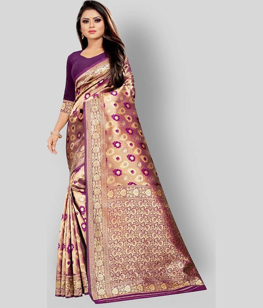 Gazal Fashions Banarasi Silk Printed Saree With Unstitched Blouse Piece ( Gold )