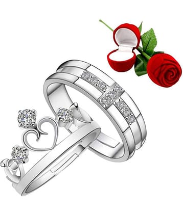 Silver Shine Silver Plated Adjustable Couple Ring with 1 Piece Red Rose Gift Box for Men and Women
