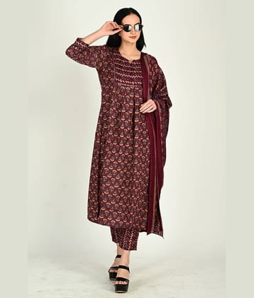 Rajnandini Women Cotton Blend Printed A-line Kurti With Pants ( Wine )