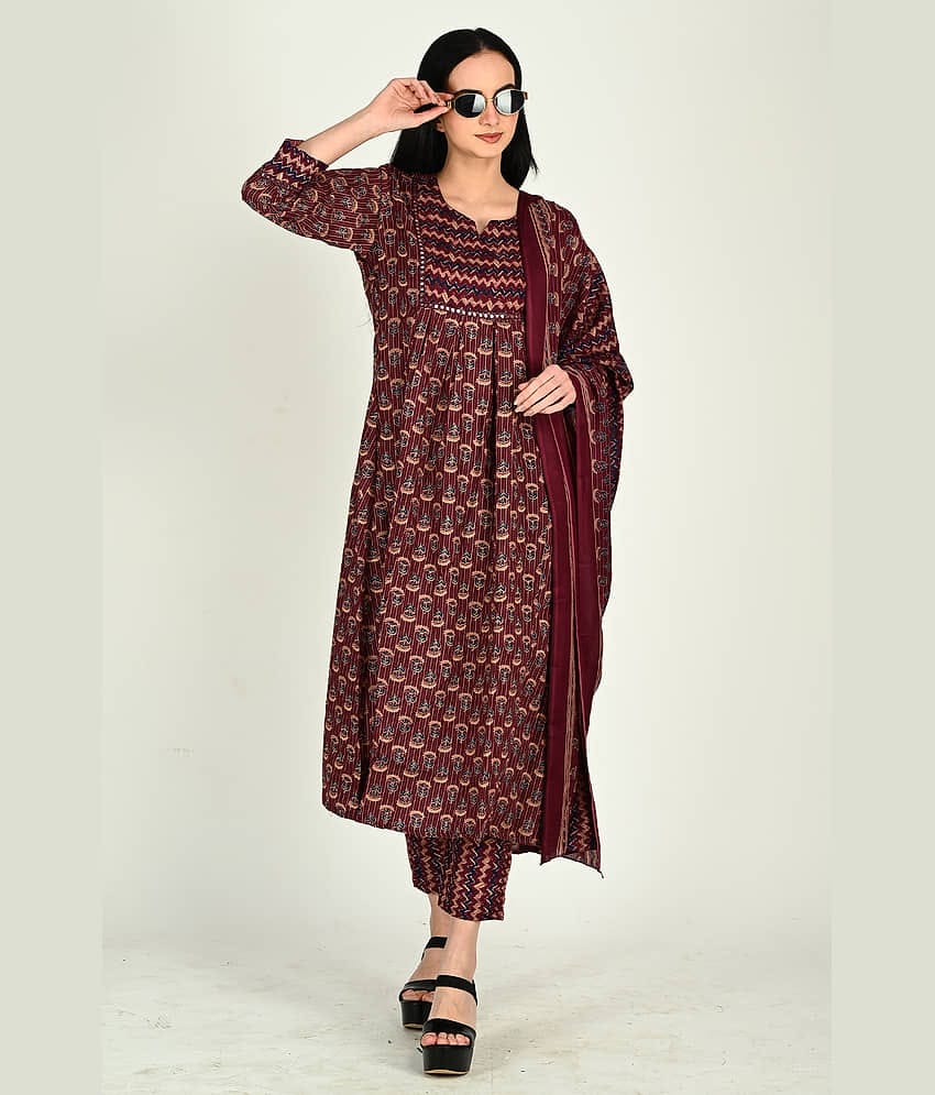 Rajnandini Women Cotton Blend Printed A-line Kurti With Pants ( Wine )